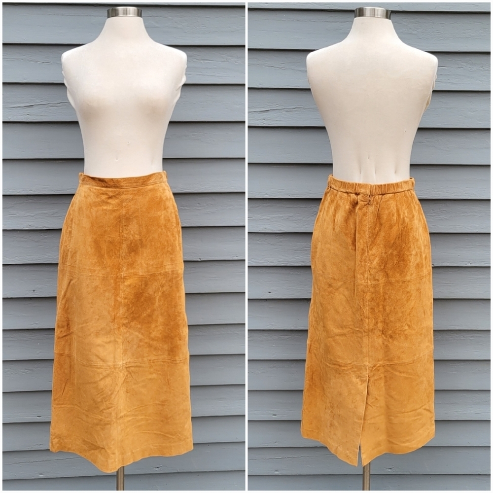 Vintage 90s y2k Camel Tan Honey Butterscotch Suede‎ Leather Boho Midi Skirt 6